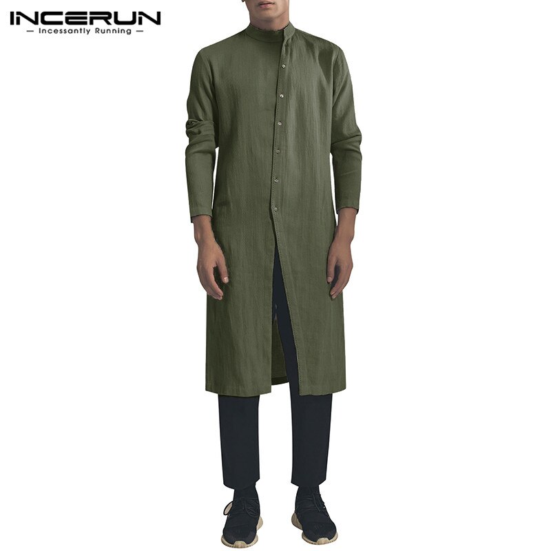 Men Shirt Cotton Stand Collar Button Long Sleeve Vintage Irregular Long Shirts Men Muslim Indian Clothing Tops 5XL