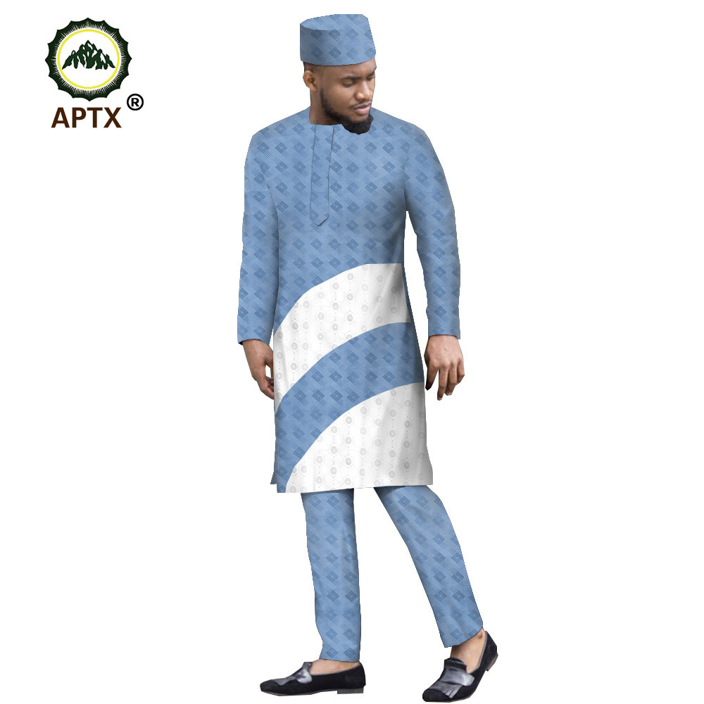 APTX Muslim suit for men jacquard fabric Tailor Made knee length side slit top+ slim pants +Cap men's casual suit T1916012