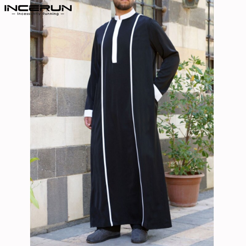 Fashion Men Islamic Arabic Kaftan Patchwork Long Sleeve Jubba Thobe Saudi Arabia Middle East Robes Muslim Clothing Abaya INCERUN