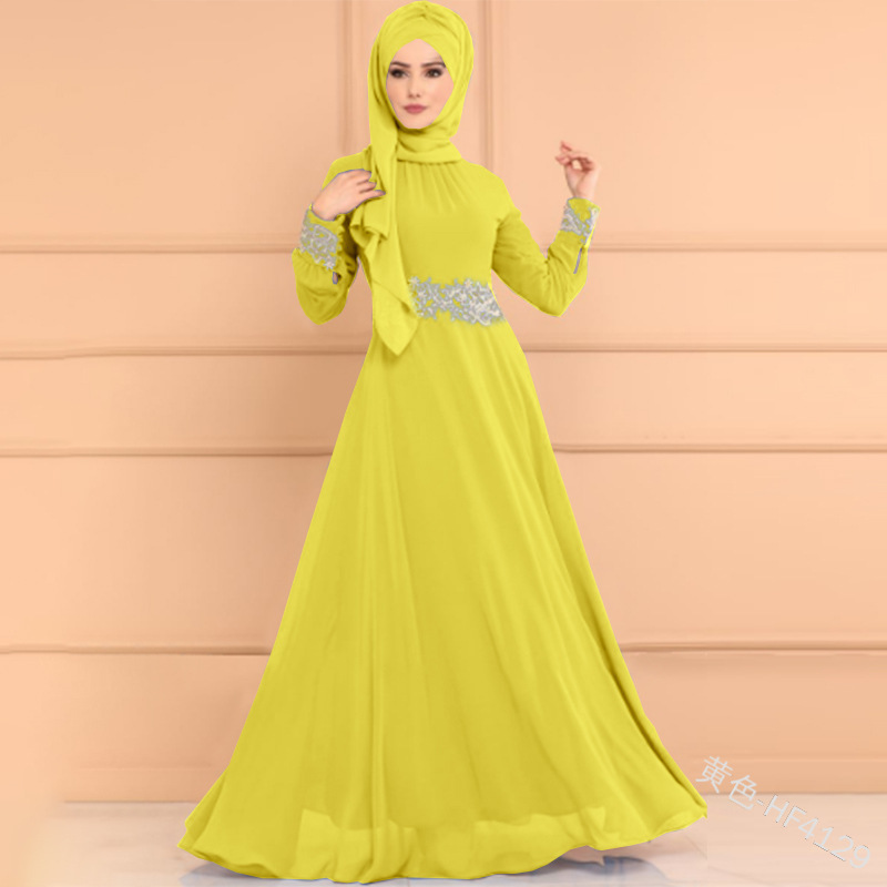 Muslim Lace High Waist Long Sleeve Dress Bangladesh United Arab Emirates Dubai Dubai Turkey Islamic Clothing