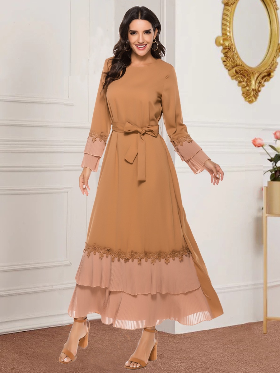 Muslim Dress Islamic Turkey Elegant Fashion Trumpet Long Sleeve Pleated Stitching Lace Dress Dubai Arab Moroccan Long Skirt