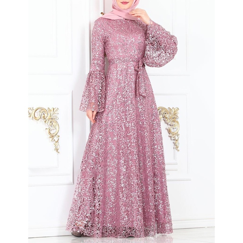 Arab Islamic Clothing Dresses Muslim Abaya Maxi Dress Women Sequin Flare Sleeve Ramadan Dubai Kaftan Tunic Long Dress Plus Size 5.0