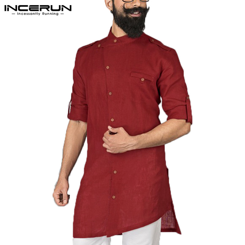 Men Muslim Indian Clothes Dress Shirt Kurta Suits Long Sleeve Button Down Loose Arab Islamic Clothing Chemise Pathani