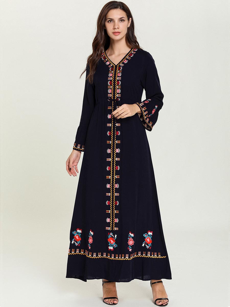 Mother and Daughter Clothes Dress Long Navy Blue Ethnic Embroidered Family Matching Outfits Flare Long Sleeve Girls