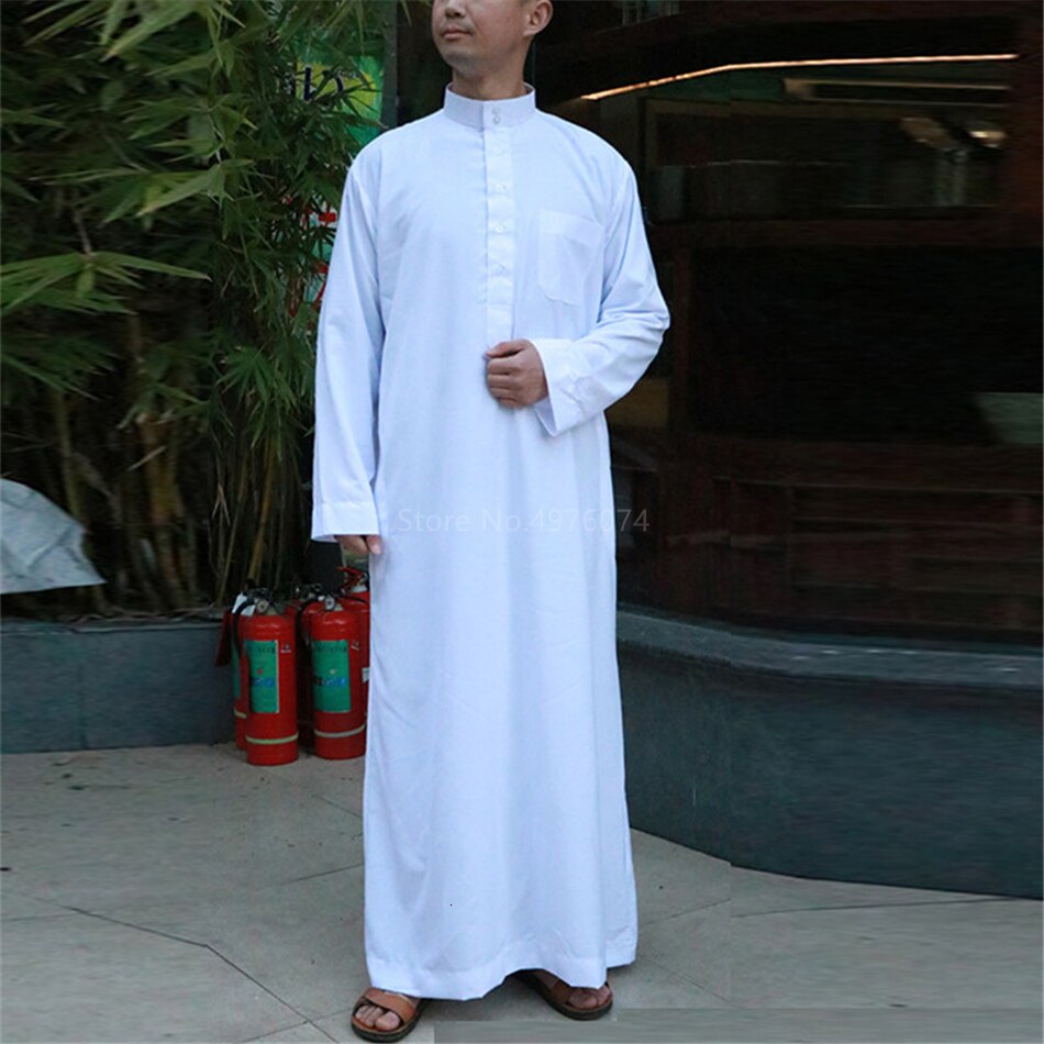 White Long Sleeve Islamic Men Clothing Jubba Thobe Abaya Dubai Saudi Arabia Traditional Ramadan Kurta Eid Arab Robes
