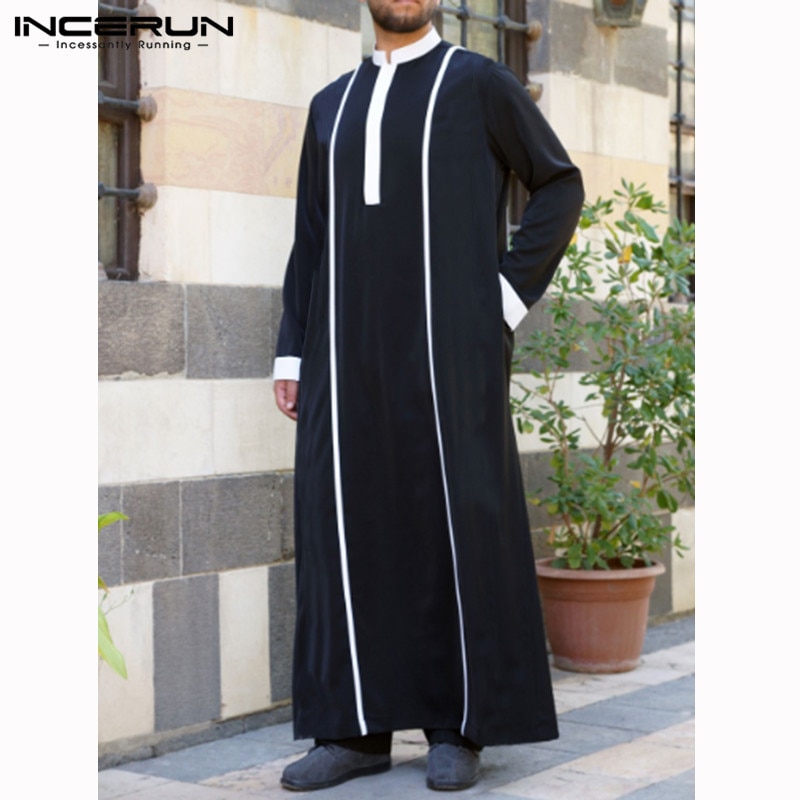 Arabic Islamic Kaftan Men Muslim Clothing Patchwork Long Sleeve Retro Robes Abaya Dubai Middle East Men Jubba Thobe