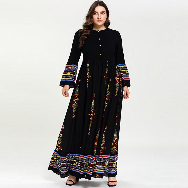 Women Black Ethnic Print Flare Sleeve Muslim Dress High Waist Button Big Hem Ramadan Arabic Dress Vestidos Plus Size M - 3XL 4XL