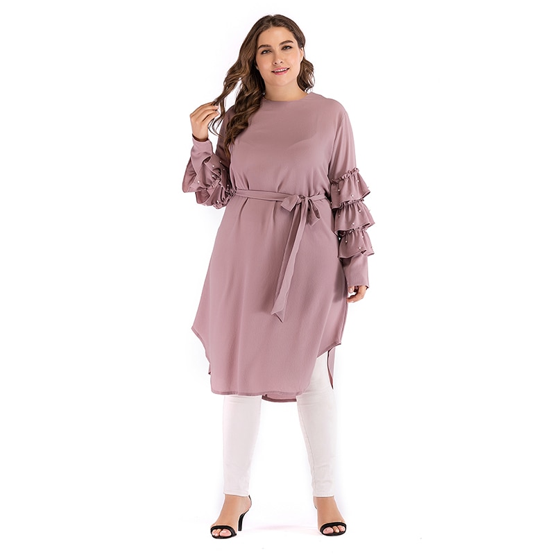 Islamic clothing turkish plus size pearls tunic tops long sleeve blouse muslim dresses for women
