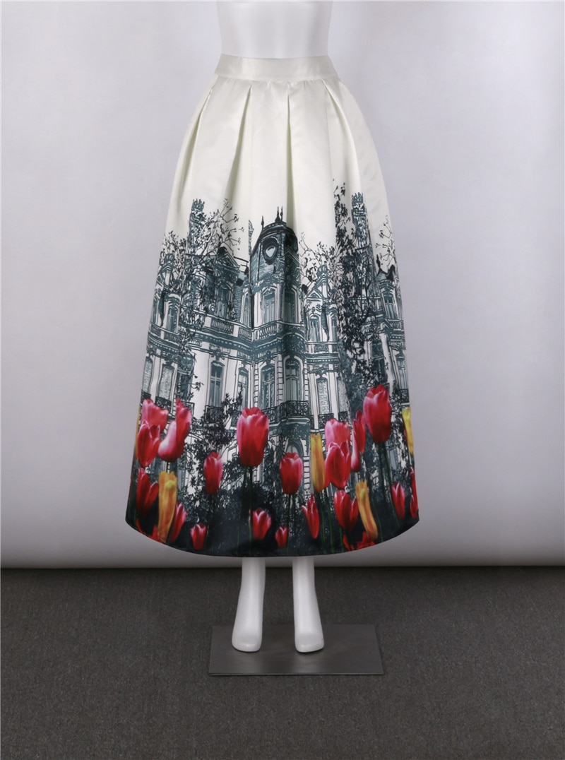 Neophil Retro Building Pleated Flower Print Maxi Long Women Skirts Muslim 100cm High Waist Ball Gown Saia Longa Jupe