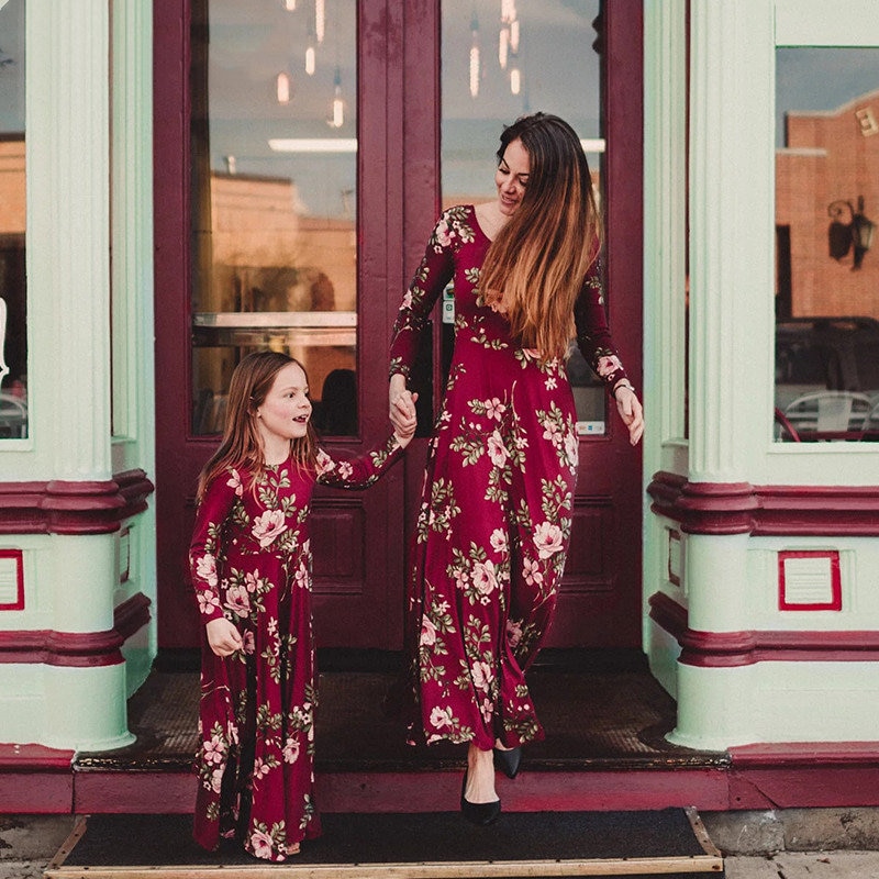 Mother daughter dresses Wine Floral Long Vestidos Mother and daughter clothes Mom and daughter dress Family matching C0409