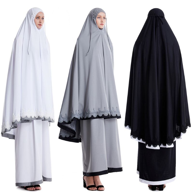 2pcs Muslim Women Robe Mosque Bat Long Sleeve Lace Hijab Festival Gown