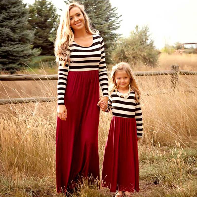 Mother Daughter Dresses Family Look Matching Clothes long sleeve striped cotton mom and daughter dress outfit baby girl clothing