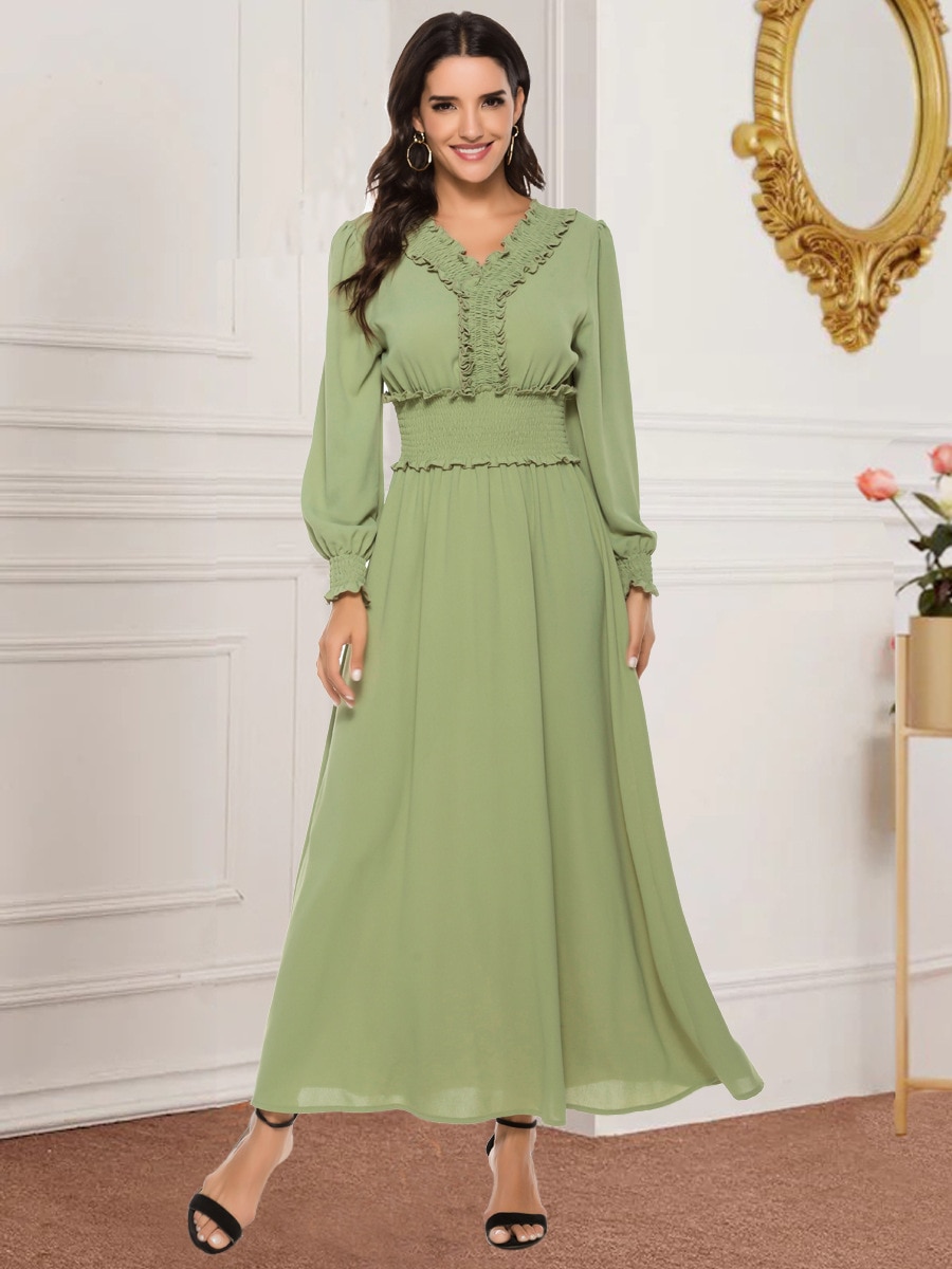 Muslim Dress Islamic Turkey Fashion Pleated Waist Chiffon Dress Dubai Middle East Elegant Long Sleeve Dress Moroccan Bangladesh