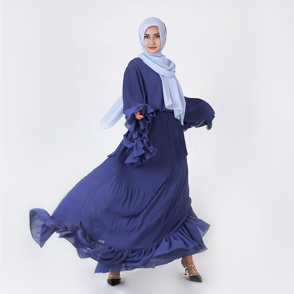 Designer Muslim women ruffle pleated chiffon fashion dresses (no hijab)