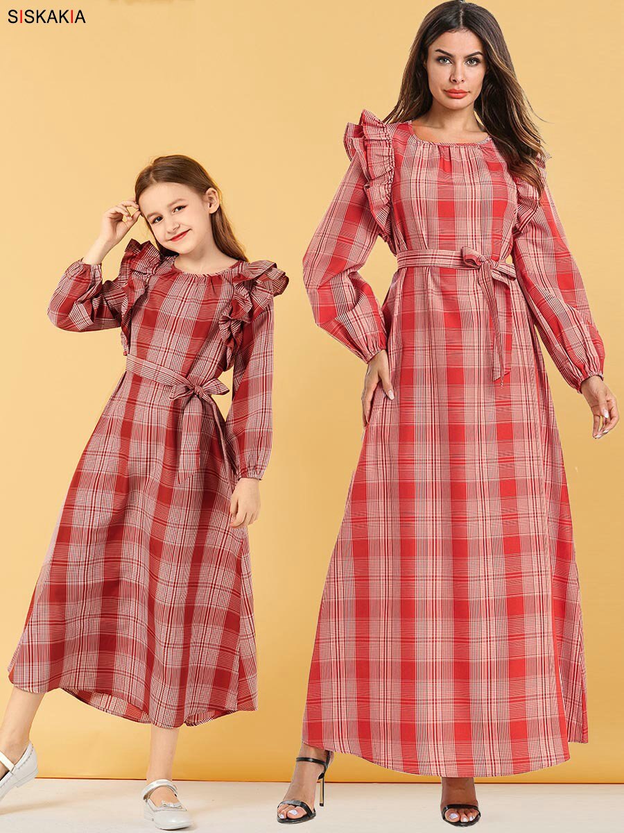 Siskakia Mommy and Me Family Matching Clothes Autumn 2019 Sweet Plaid Long Dress Red Ruffles Patchwork Mother Daughter Dresses