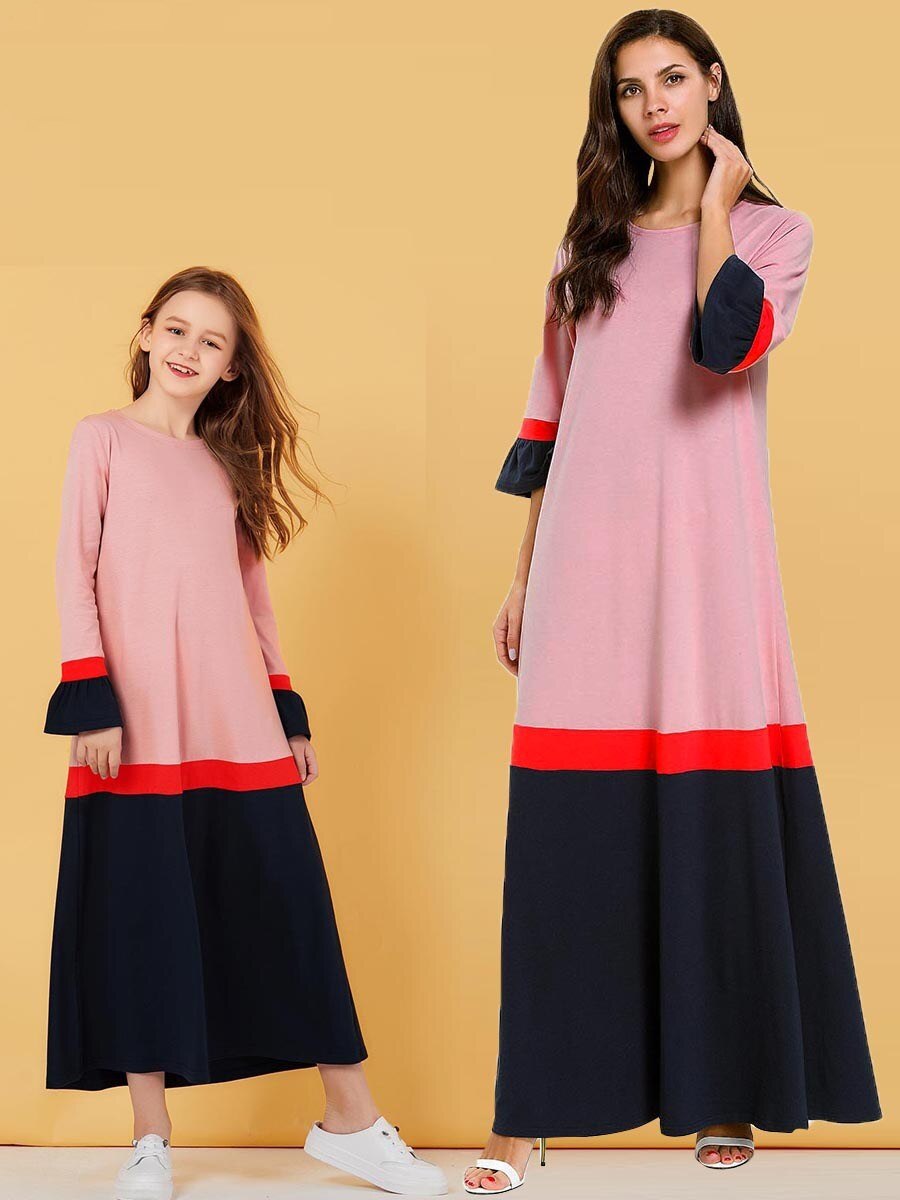 Maxi Muslim Dress For Women Girl Pink Abaya Dubai Turkish Turkey Bangladesh Kaftan Mother Child Kids Family Islamic Clothing