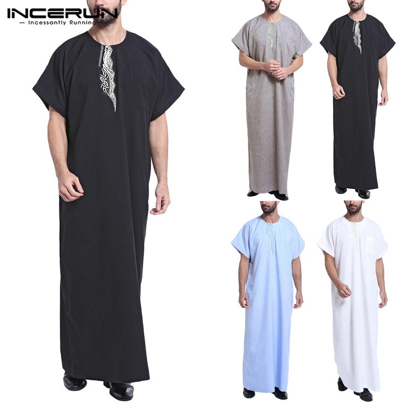 Muslim Dress Kaftan Men Abaya Print Short Sleeve Retro Robes Dubai Saudi Arabia Arab Islamic Kaftan Men Jubba Thobe