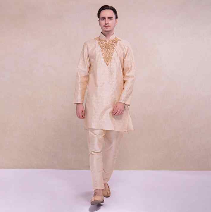 New  Islamic Man Suits Fashion Ethnic India Embroidery Sets Comfortable Cotton India Loose Blue Long Sleeves Thin Sets