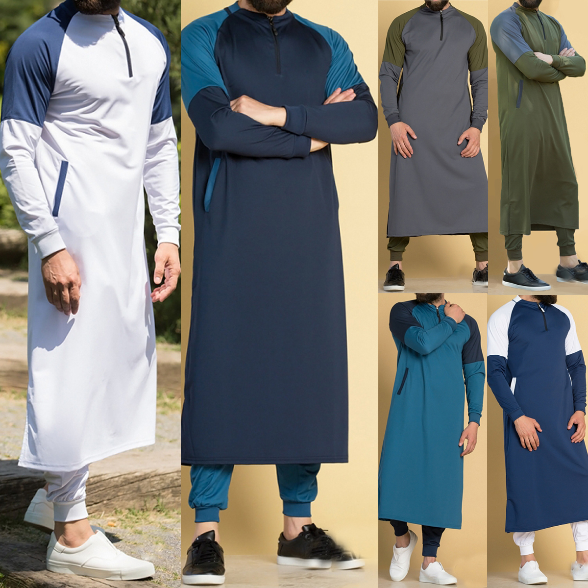 Men’s Muslim Gowns Men Arabic Dress Islamic Clothing Kaftan Long Shirts Muslim Men Clothes Long Sleeve Patchwork Shirts