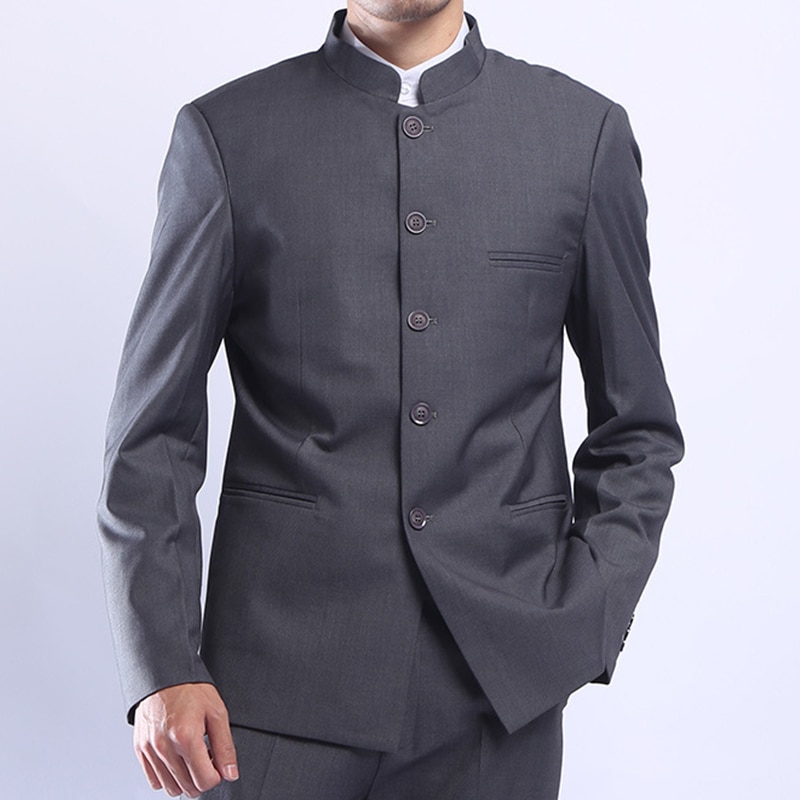 Men Gray  Islamic Tunic Suit Jacket Mandarin Collar Single Breasted Chinese Traditional Stand Collar Grey Tunic Jacket Uniform Jacket