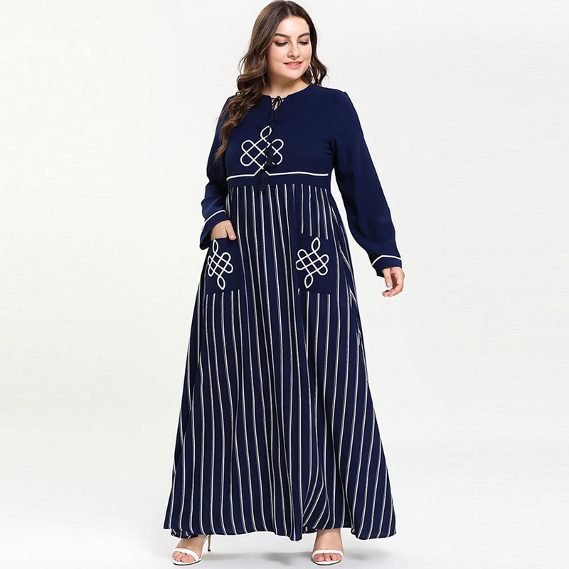 Women Plus Size Muslim Dress Patchwork kaftan moroccan Abaya Islamic arabic turkey Dresses with Pockets Dark blue M-4XL