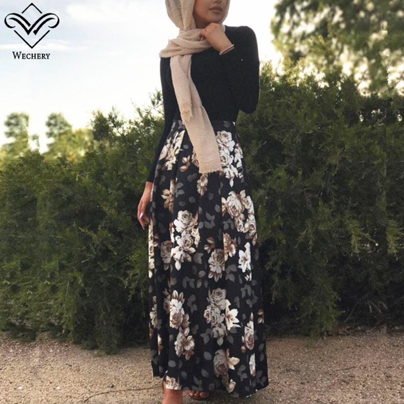 Wechery New Muslim Black Skirt A-line Floral Style Turkish Islamic Skirts for Women Elegant Flower Printed Abaya Skirt