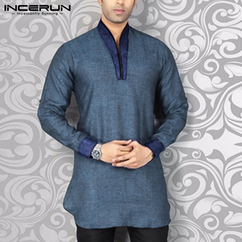 Men Muslim Shirt Streetwear V Neck Long Sleeve Patchwork Fitness Vintage Casual Shirts Men Indian Clothes Plus Size