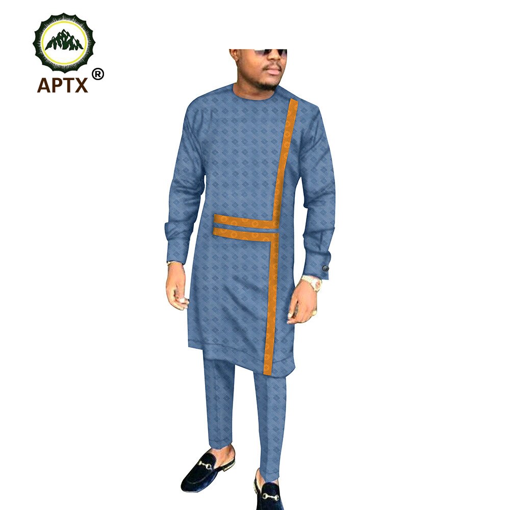 APTX jacquard fabric cotton Muslim suit for men full sleeves long top+ slim pants men's casual suit T1916002