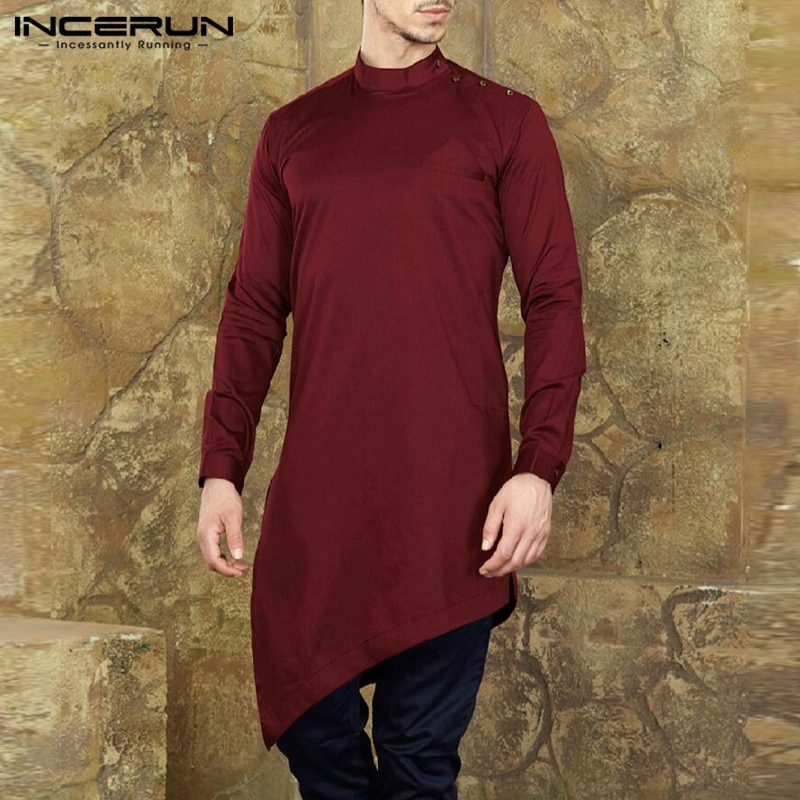 Mens Muslim Shirt Suit Long Sleeve Irregular Hem Tops Muslim Islamic Clothes Men Nepal Style Solid Casual Shirts Hombre