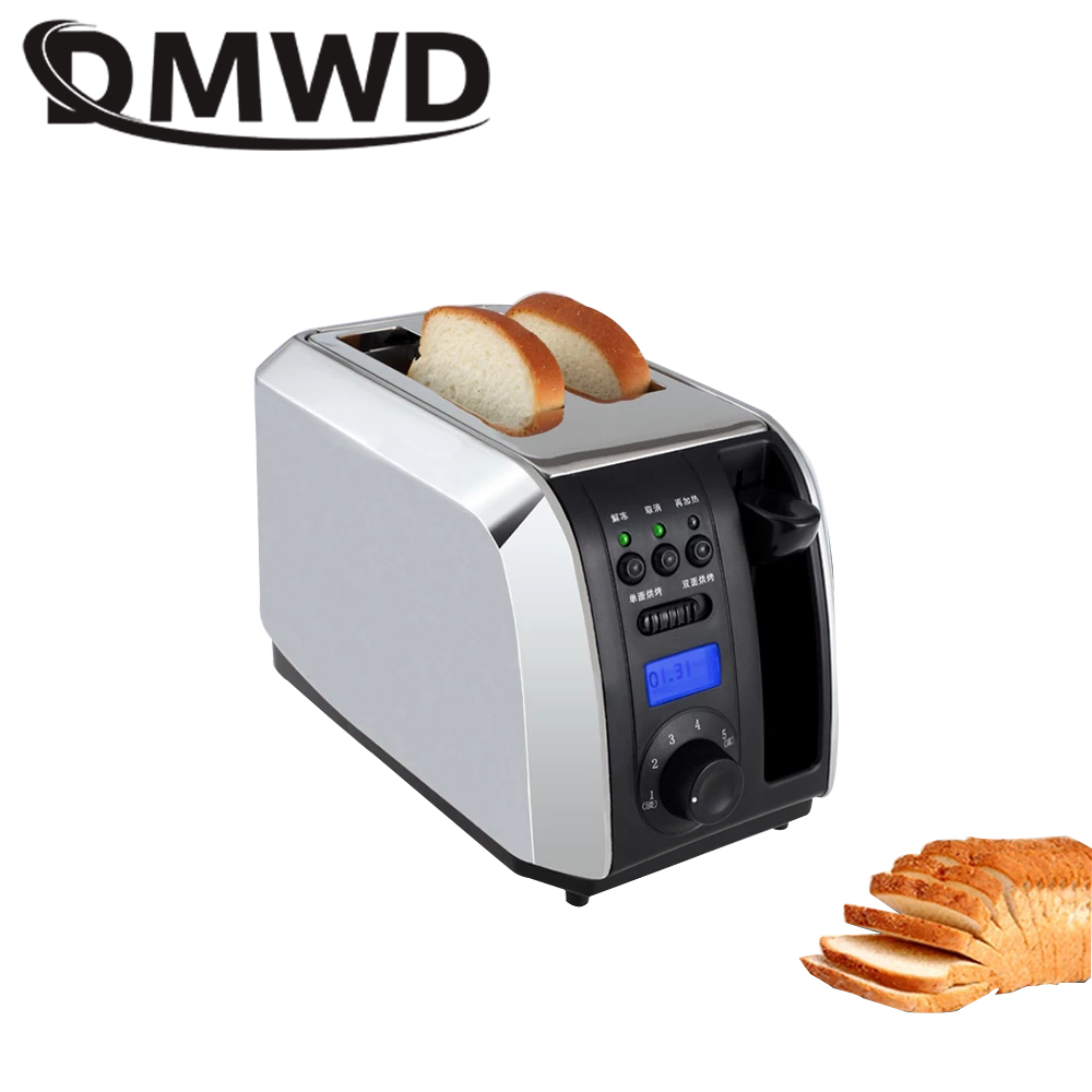 DMWD Digital Timer Electric Toaster Stainless steel Breakfast Bread Baking Machine 2 Slices Slots Automatic Toast Oven EU Plug