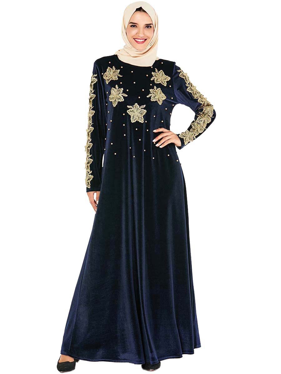 Siskakia Party Dresses for Muslim Women Golden Flower Embroidery Beads Design Plus Size Arabian Evening Banquet Dress Navy Blue