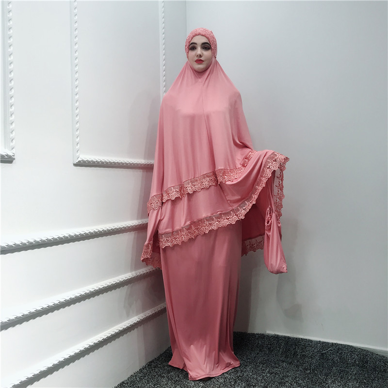 Lace Trim Two-piece Prayer Outfit Islamic Muslim Women Prayer Dress Salat Set 2 PCS Long Khimar and Skirt Jilbab Set Ramadan