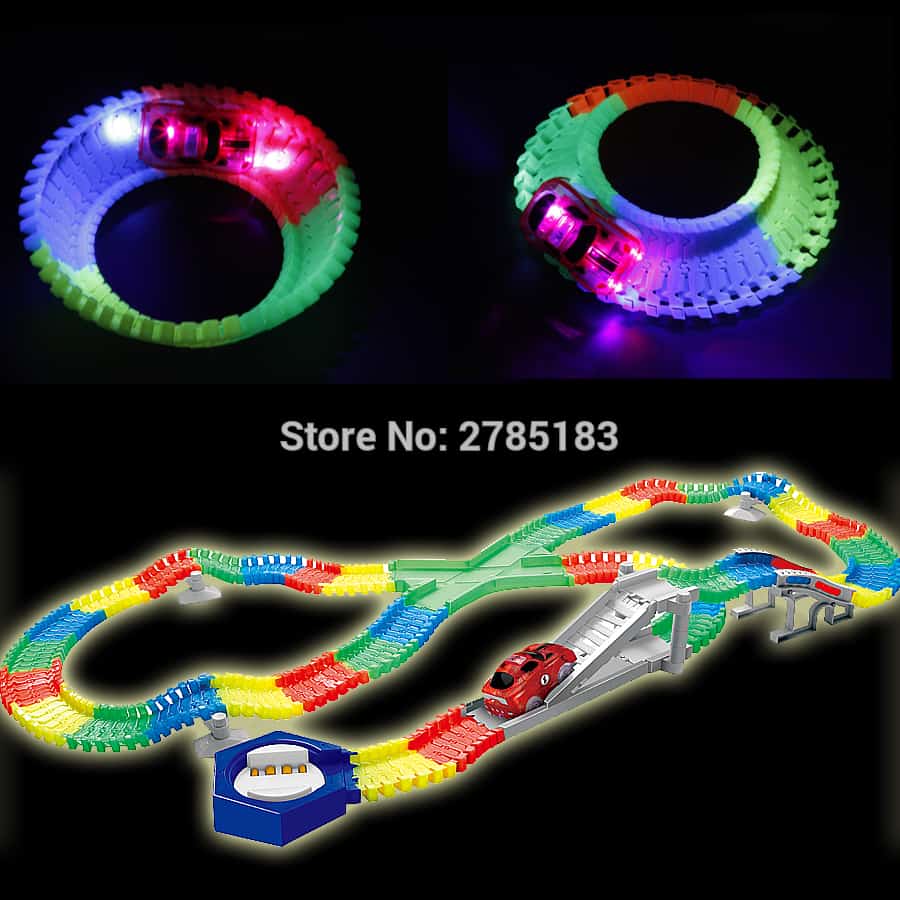 225PCS Slot Glow in the Dark Glow race track Create A Road Bend Flexible Tracks with 2PCS LED Light Up Cars Educational Toys