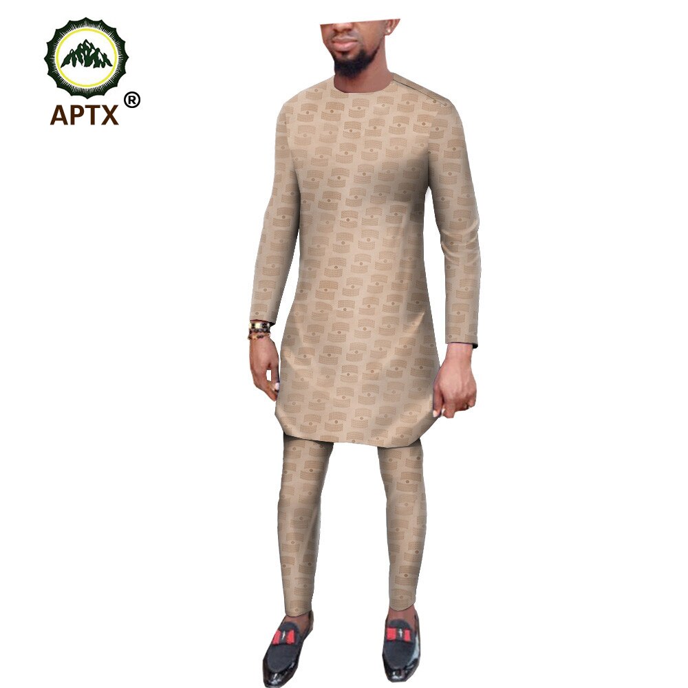 APTX Muslim cotton suit for men jacquard fabric full sleeves top+ slim pants men's casual suitSaudi Arab Thobe Jubba T1916007