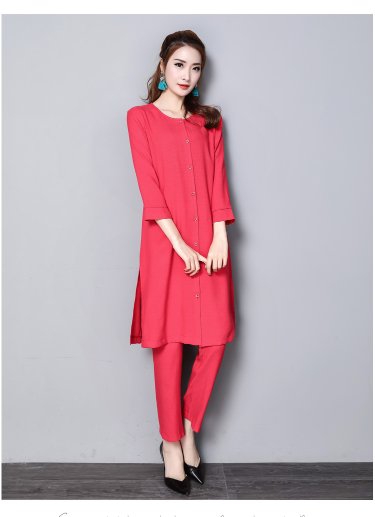 New 5XL 2pcs Women Two Piece set vintage Solid color Casual O-neck Three Quarter long Tops+Ankle-Length Pants suit NY456