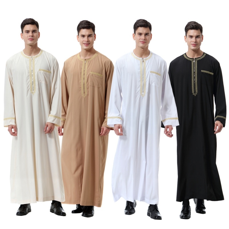Fashion Simple Men Robes Muslim Clothing Long Sleeve Embroidery Arab Dubai Indian Middle East Islamic Man Jubba Thobe Plus Size 3XL