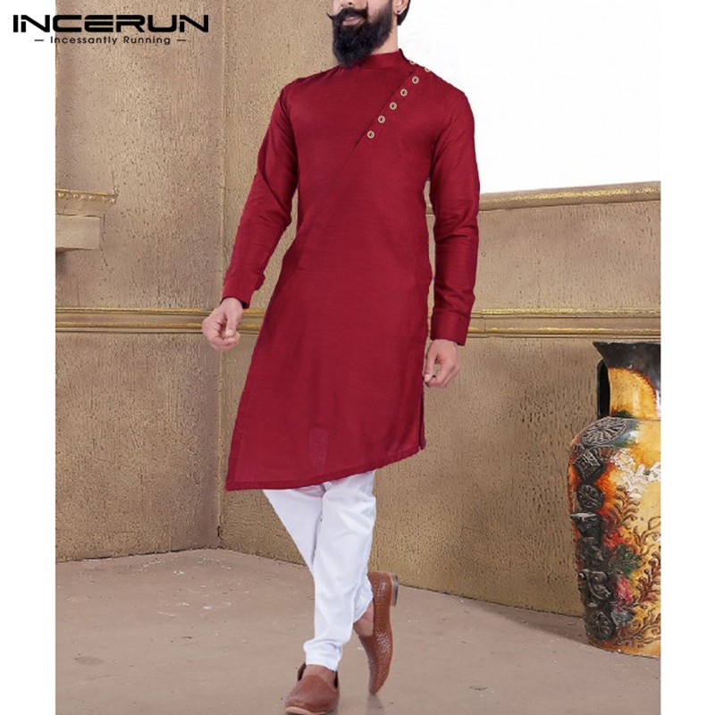 Men Indian Suit Shirt 2019 Vintage Button Solid Stand Collar Long Sleeve Muslim Clothes Irregular Long Shirts Men