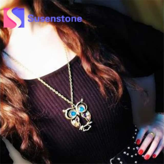 2018 Hot Women Sweater Coat Necklace Crystal Big Blue Eyed Owl Long Chain Pendant Necklace Women Jewelry Accessory Wholesale