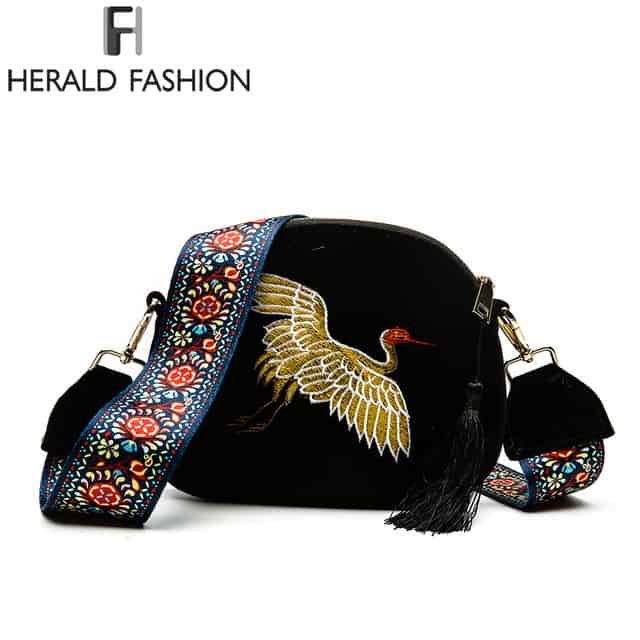 Herald Fashion Mini Velvet Embroidery Crane Shell Bag Wild Strap Fashion Shoulder Bags Designer Tassel Vintage Crossbody Bag