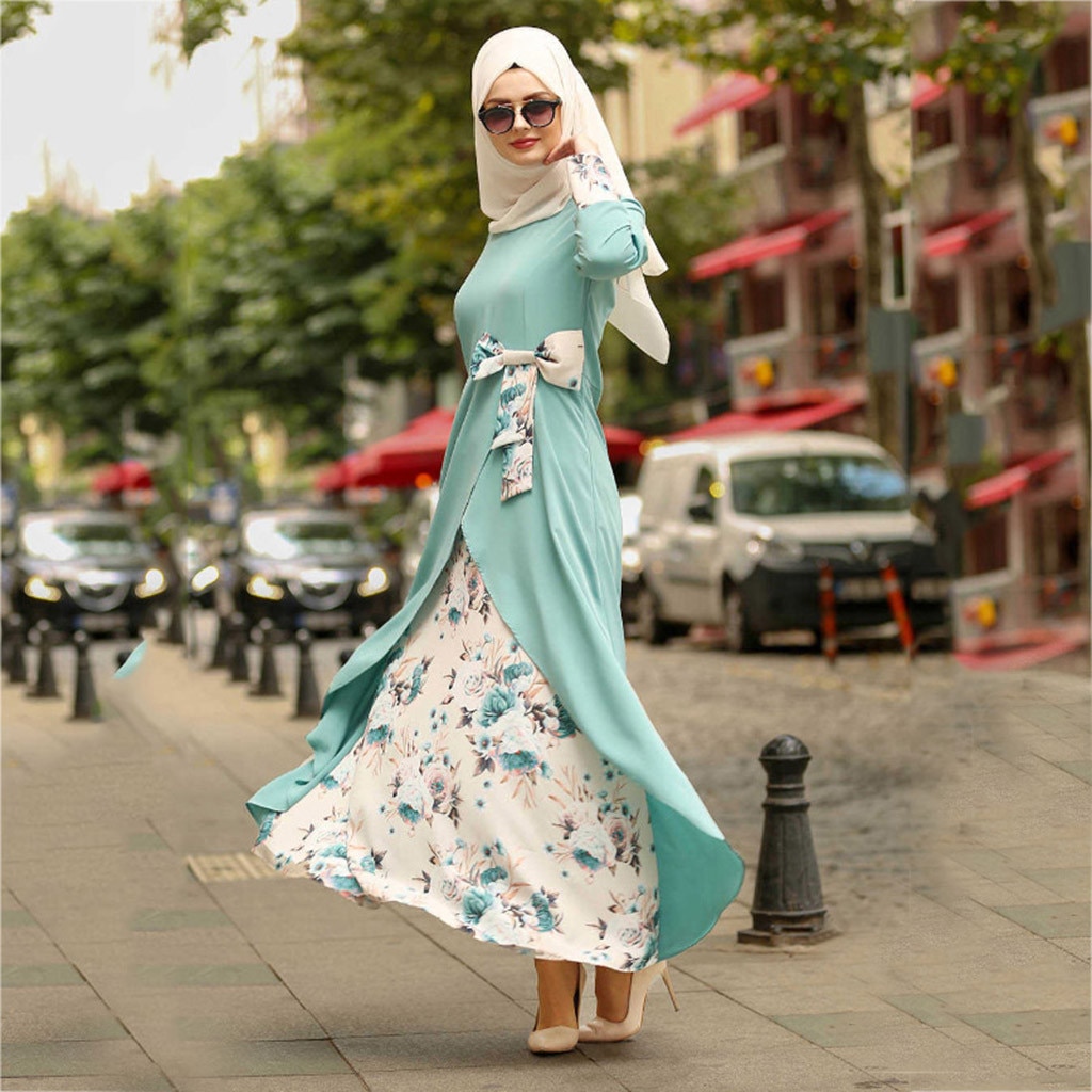 KLV Kaftan Robe Dubai Islam Floral Long Sleeve Muslim Hijab Maxi Dresses Qatar Oman Abayas For Women Turkish Islamic Clothing