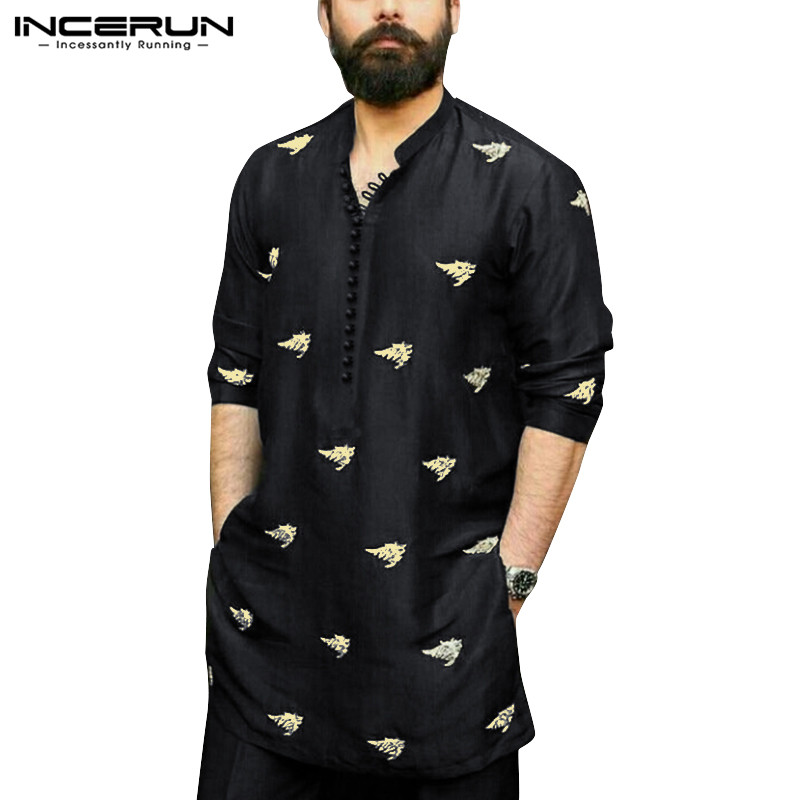 Long Sleeve Muslim Men Shirts Printed Retro Button 2019 Stand Collar Long Shirts Men Indian Tops Streetwear Casual Pullovers 7