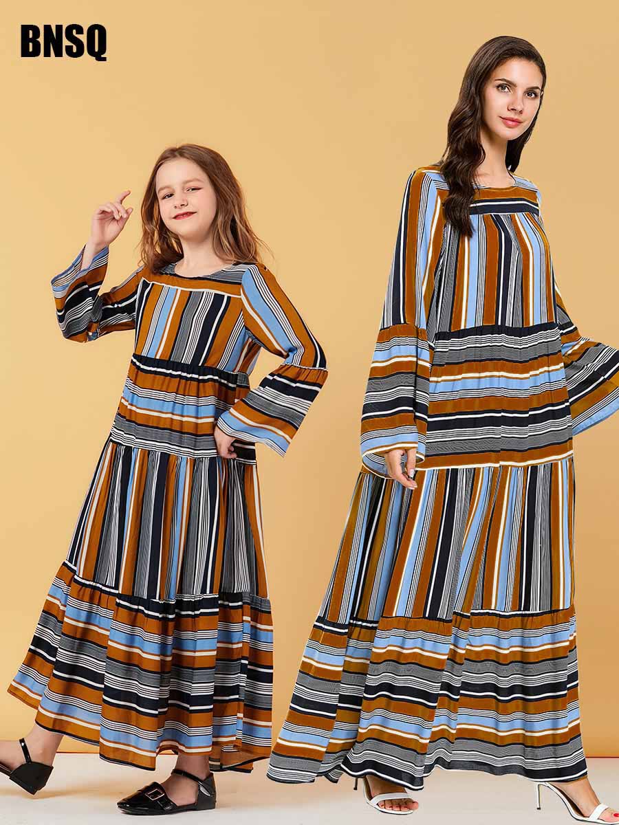 BNSQ Parent-Child Clothing Mother And Daughter Dress Color Striped Long-Sleeved Trumpet Sleeve Comfortable Cotton Long Dresses