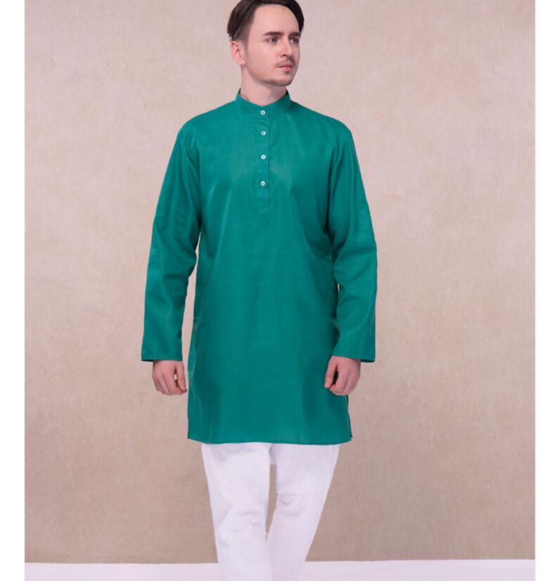 India Muslim Style Man Suits Ethnic Embroidery Sets Comfortable Cotton Green Medium And Long Clothing Loose Long Sleeves Thin Sets