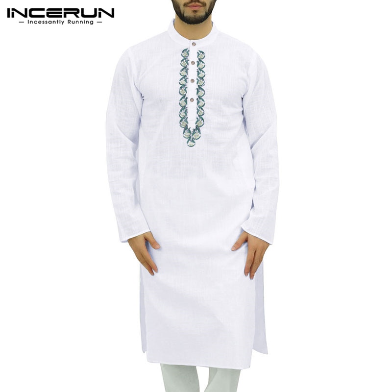 Muslim Arabic Islamic Kaftan Men Printed Cotton Long Sleeve Robes Vintage Abaya Dubai Middle East Muslim Men Jubba Thobe