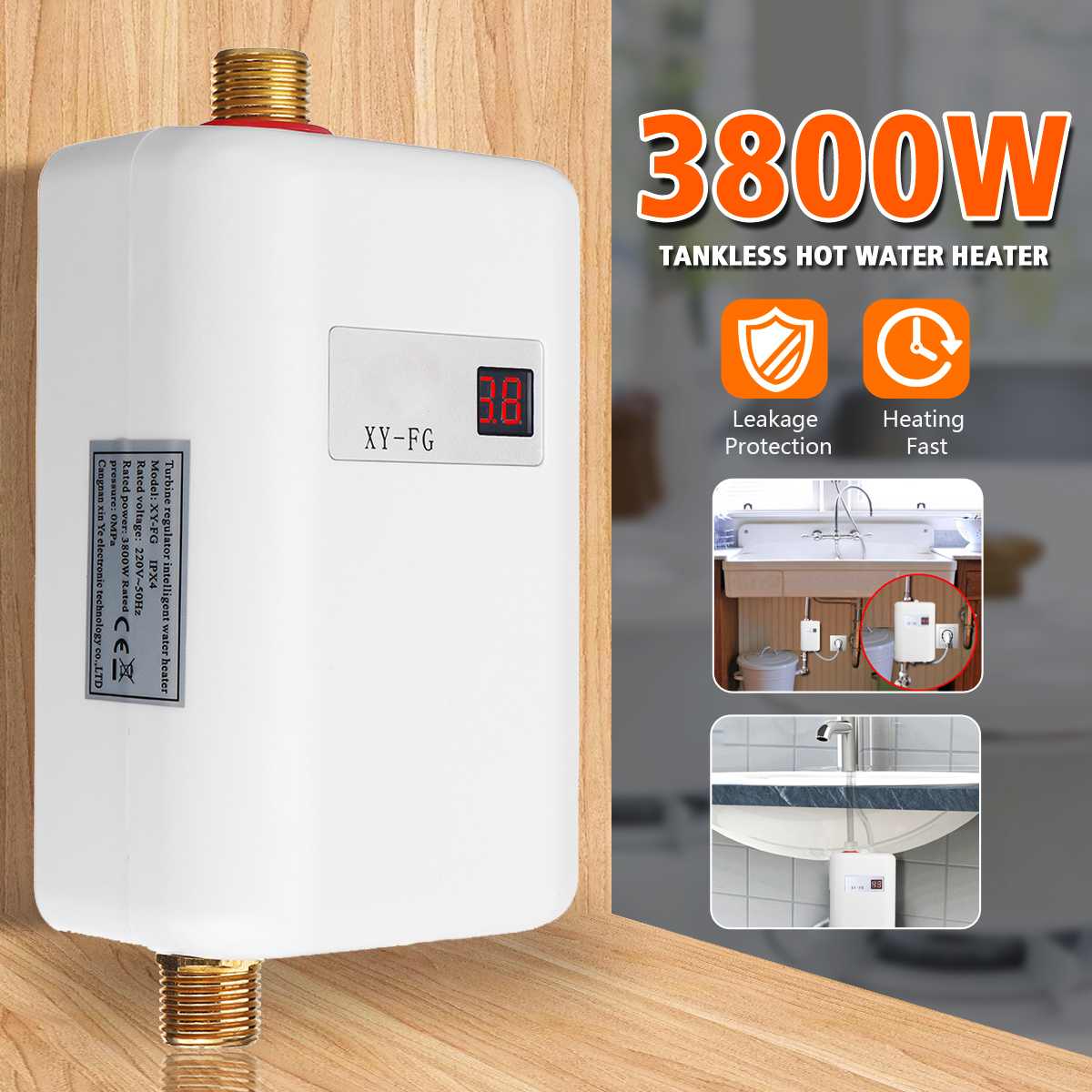 3800W/3400W Electric Water Heater Instant Tankless Water Heater 220V 3.8KW Temperature display Heating Shower Universal