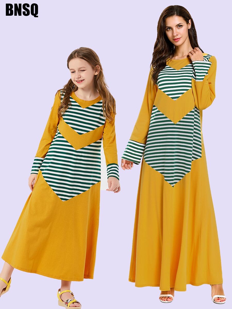 Parent-Child Clothing Mother And Daughter Dress Striped Stitching Long-Sleeved Knit Women's clothing Dresses Islamic Abaya