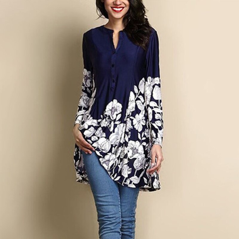 Plus size 4xl 5xl 2019 Muslim Women Boho Flower Print Bangladesh Black Tops Dubai Long Sleeve Shirt Casual Loose Islamic Clothes