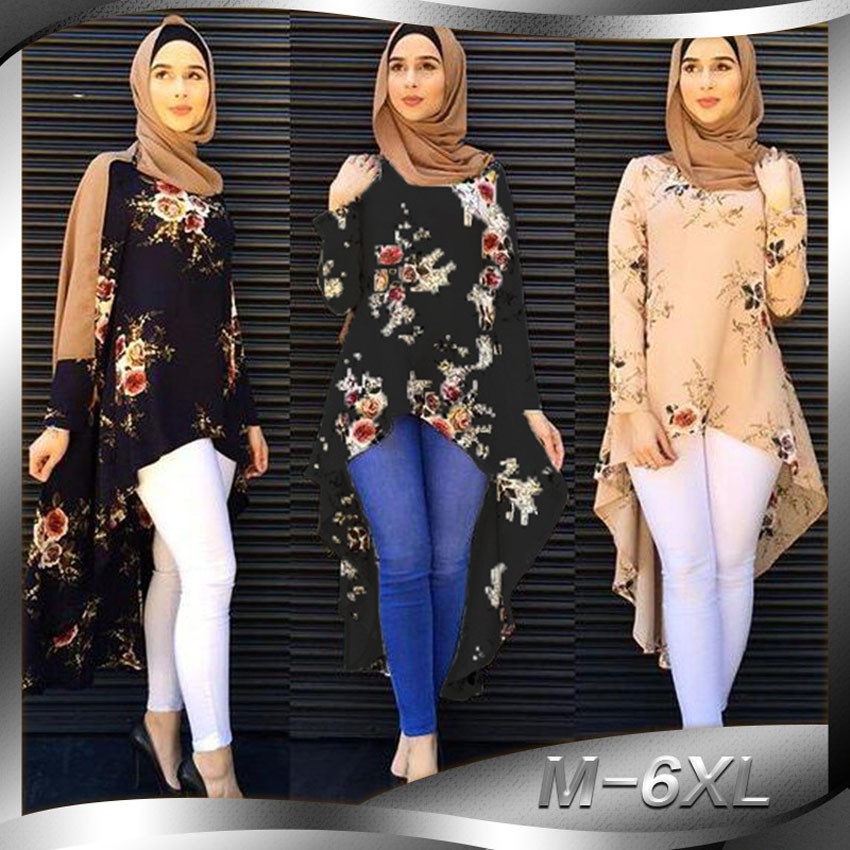 Irregular Style Muslim Tops Women Floral Islamic Dress Abaya Polyester Worship Service Ramadan Eid Mubarak Clothing Costumes