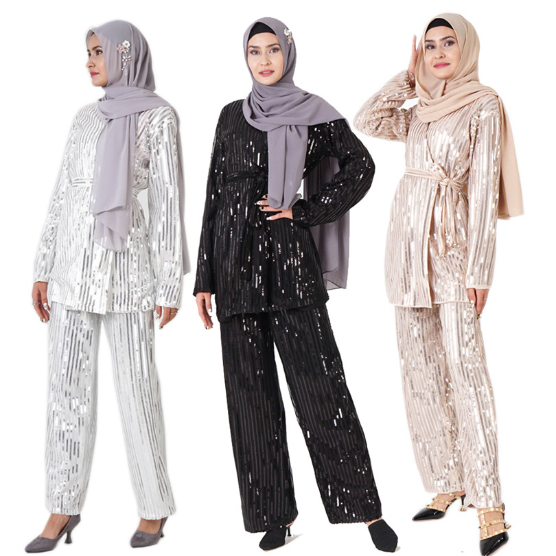 Sequin Abaya Dubai 2 Pcs Muslim Sets Tops Pants Ensemble Femme Pantalon Oman Pakistan Islamic Prayer Clothes for Women Dress Set