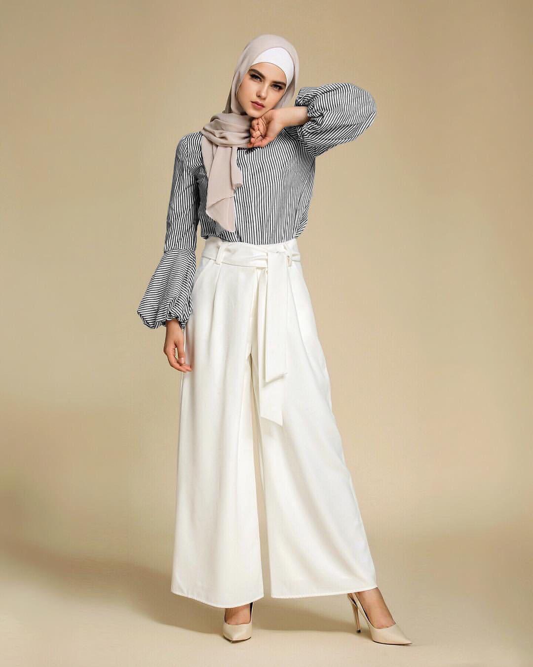 Women Sets Muslim Lantern Sleeve Blouse+Pants lslamic High Quality Full Cover Costumes Set Stripe Tops Shirt Wide Leg Trousers